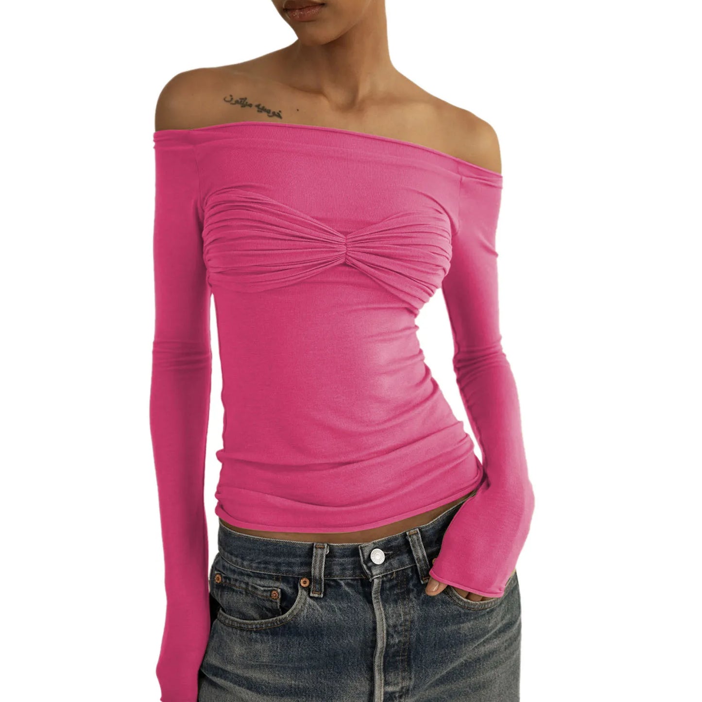 Women's Off Shoulder Ruched Knit Top - Long Sleeve Top