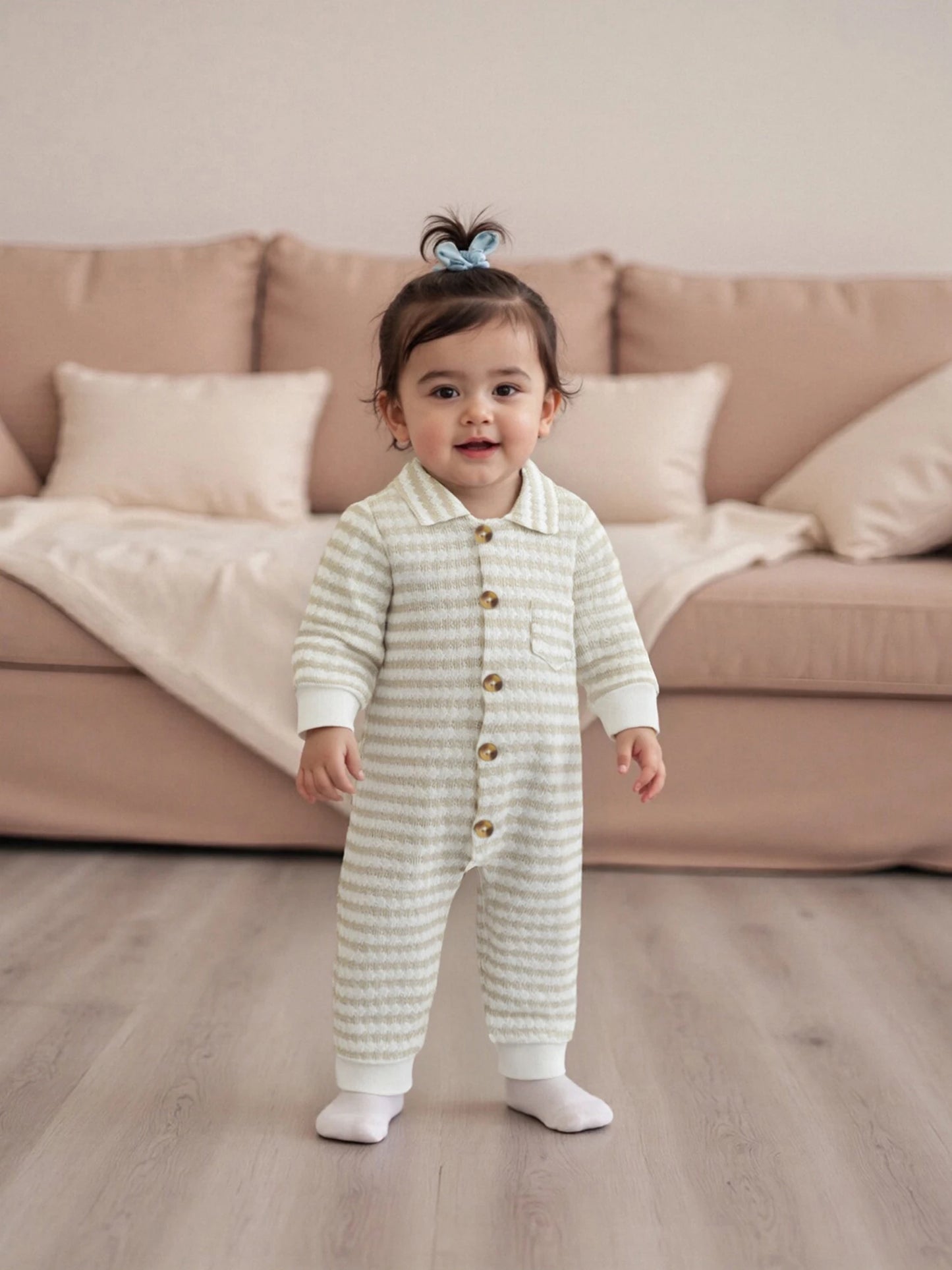 Newborn Baby Fall Winter Jumpsuit Set - Striped Turn-Down Collar Romper & Pants (0-18M)