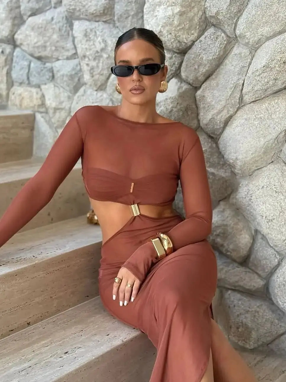 Women's Cut out Dress with Bikini 3 Pcs Long Sleeve Cover Up Lace Up Slit Long Summer Beach Dress