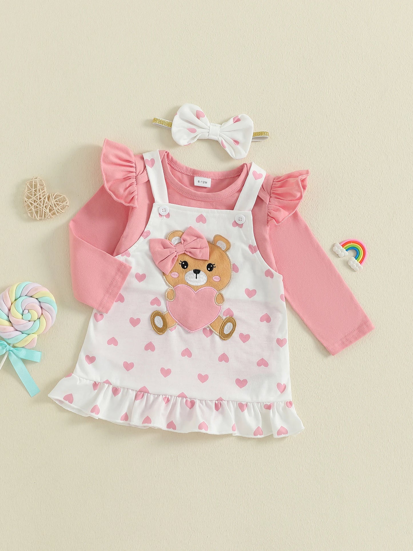 Baby Girls Bear Embroidered Dress Set with Bow Headband (0-18M)