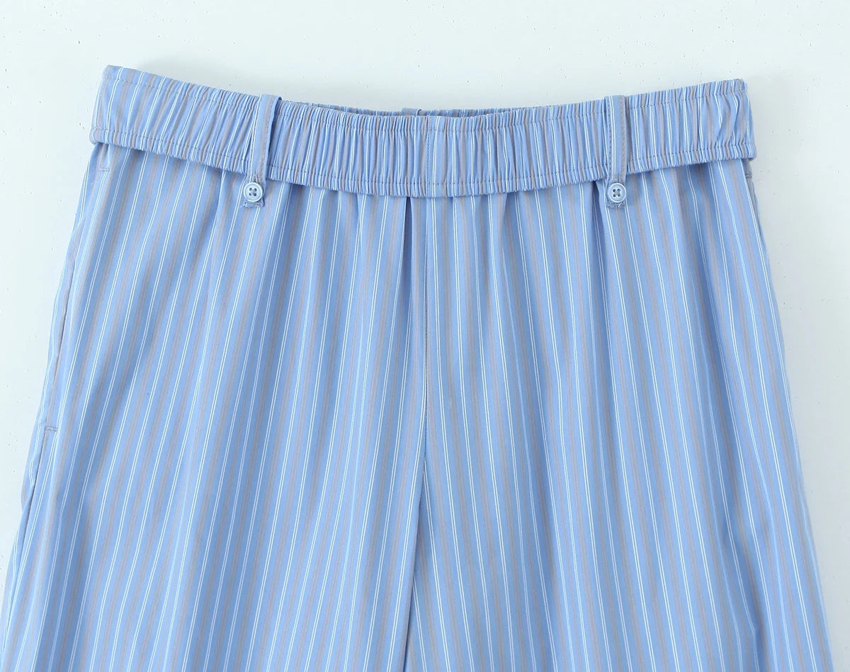 Women's Sense Niche Blue Striped Sleeveless Vest Loose Wide Leg Pants