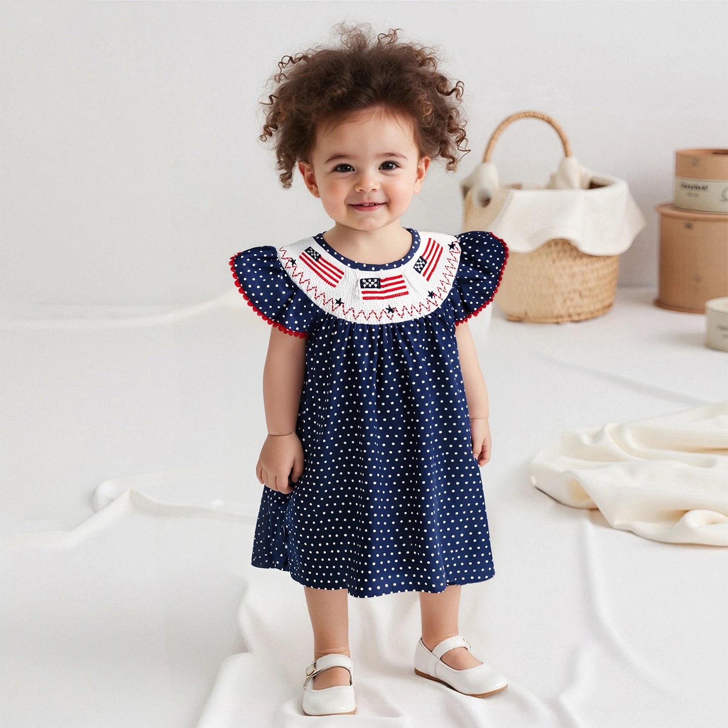 Kids Girls Dress 0-5Y USA Flag Embroidery Dot/Plaid Print Short Sleeve A-Line Dress