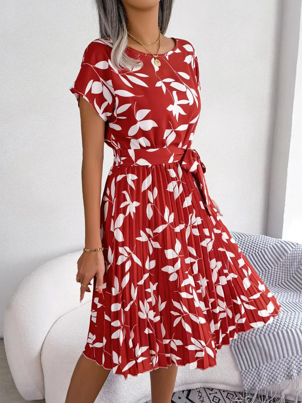 Women's Floral Pleated A Line Long Spring Summer Short Sleeve High Waist Chic Dress
