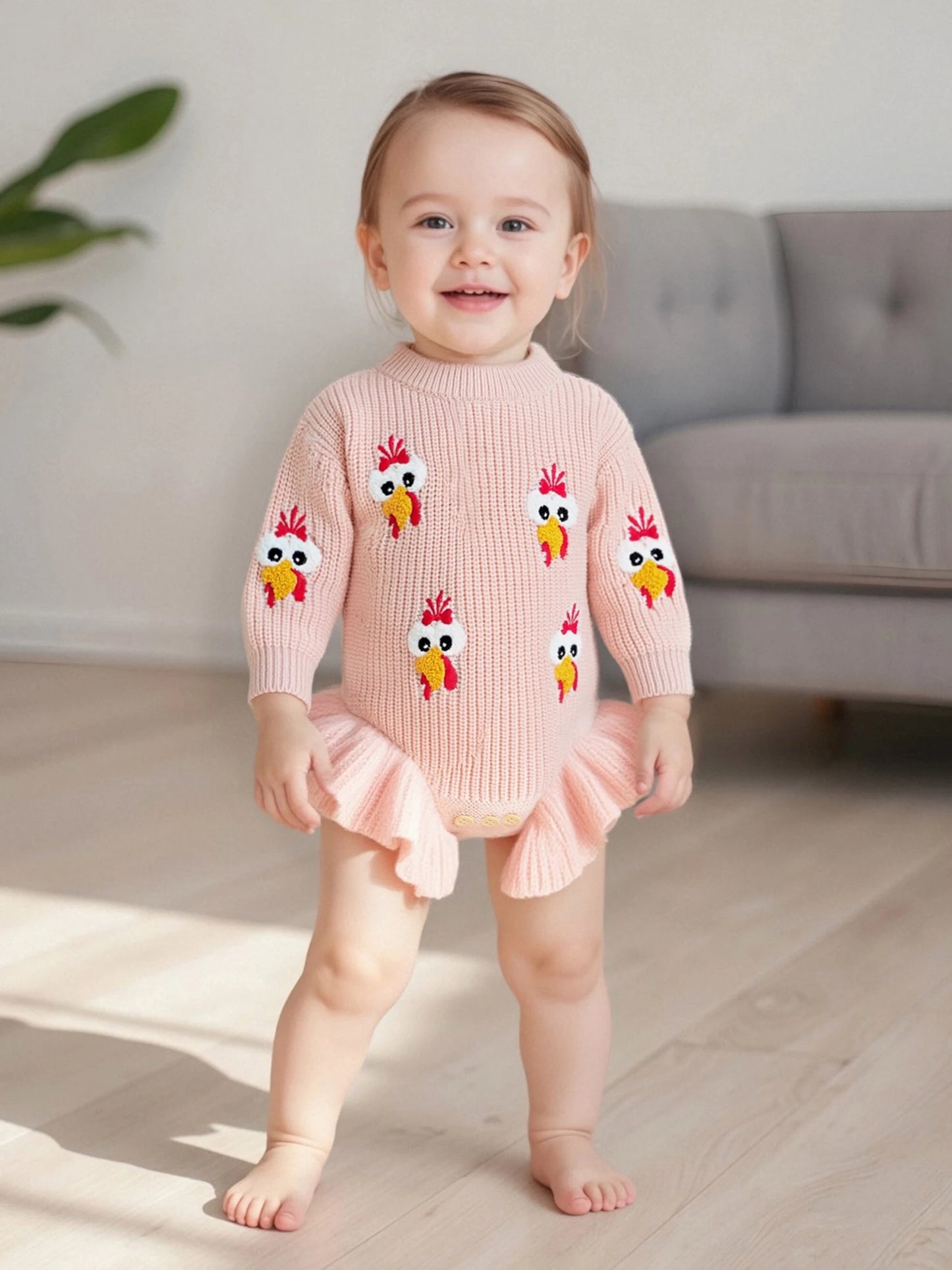 Baby Thanksgiving Knit Romper - Turkey Embroidery Long Sleeve Ruffle Bodysuit Sweater
