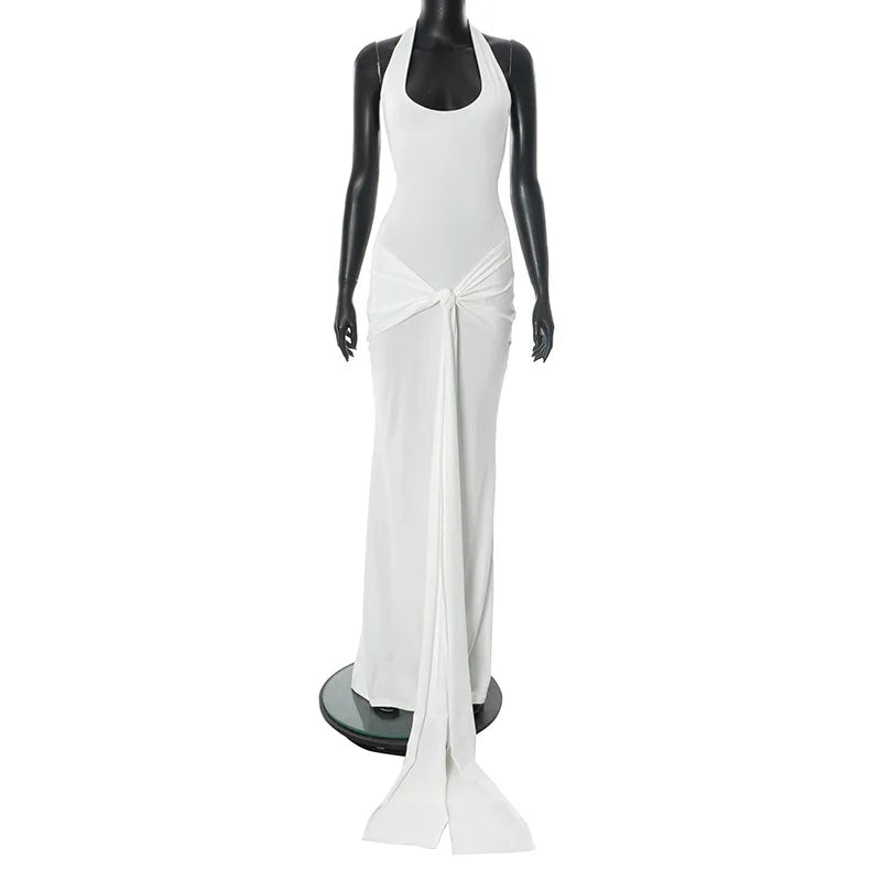 Women's Halter Ruched Maxi Dress - Backless Deep V-Neck Summer Dress