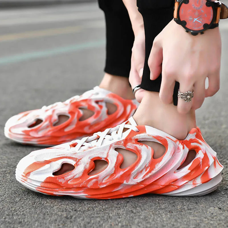 Men's Slippers Camouflage Design Platform Sandals Lace Up Beach Slippers Casual Outdoor Crocs Clogs