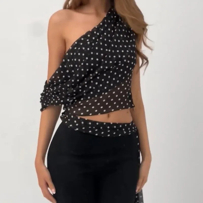 Women's Chiffon Polka Dot Summer Outfit Cropped Asymmetrical Basic Top