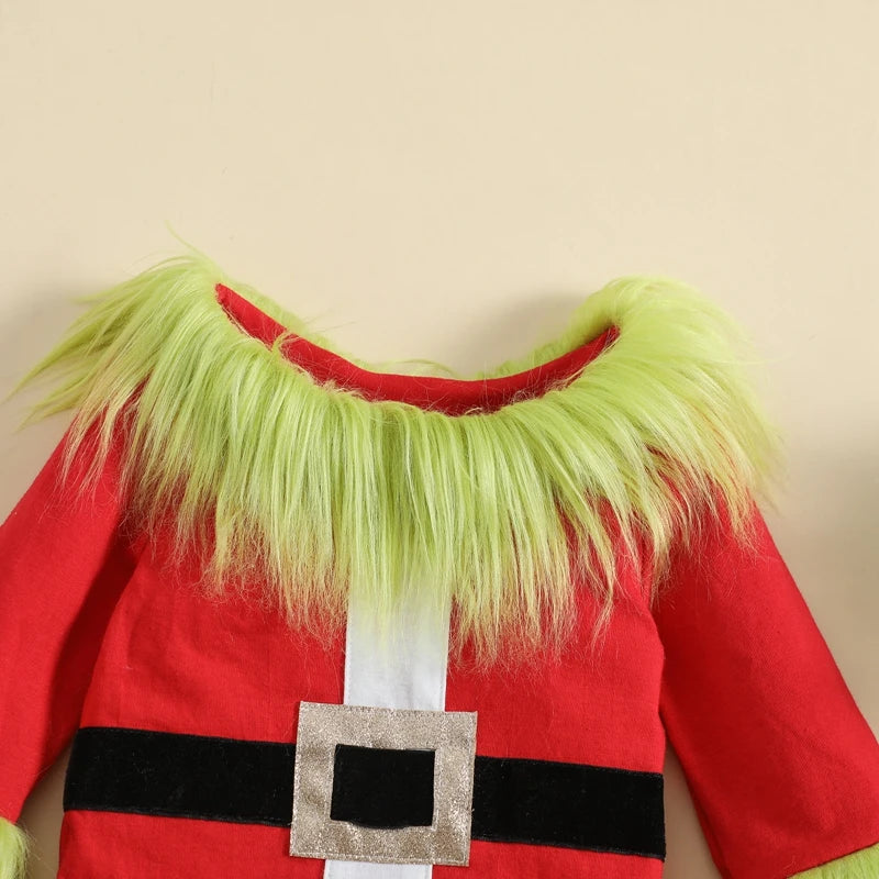 Kids Christmas Outfit Set - Furry Plush Patchwork Top & Elastic Waist Pants