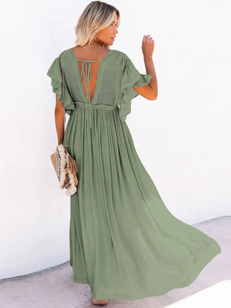 Women's Swimsuit Cover Ups Mandarin Sleeve Kaftan Beach Tunic Beach Dress