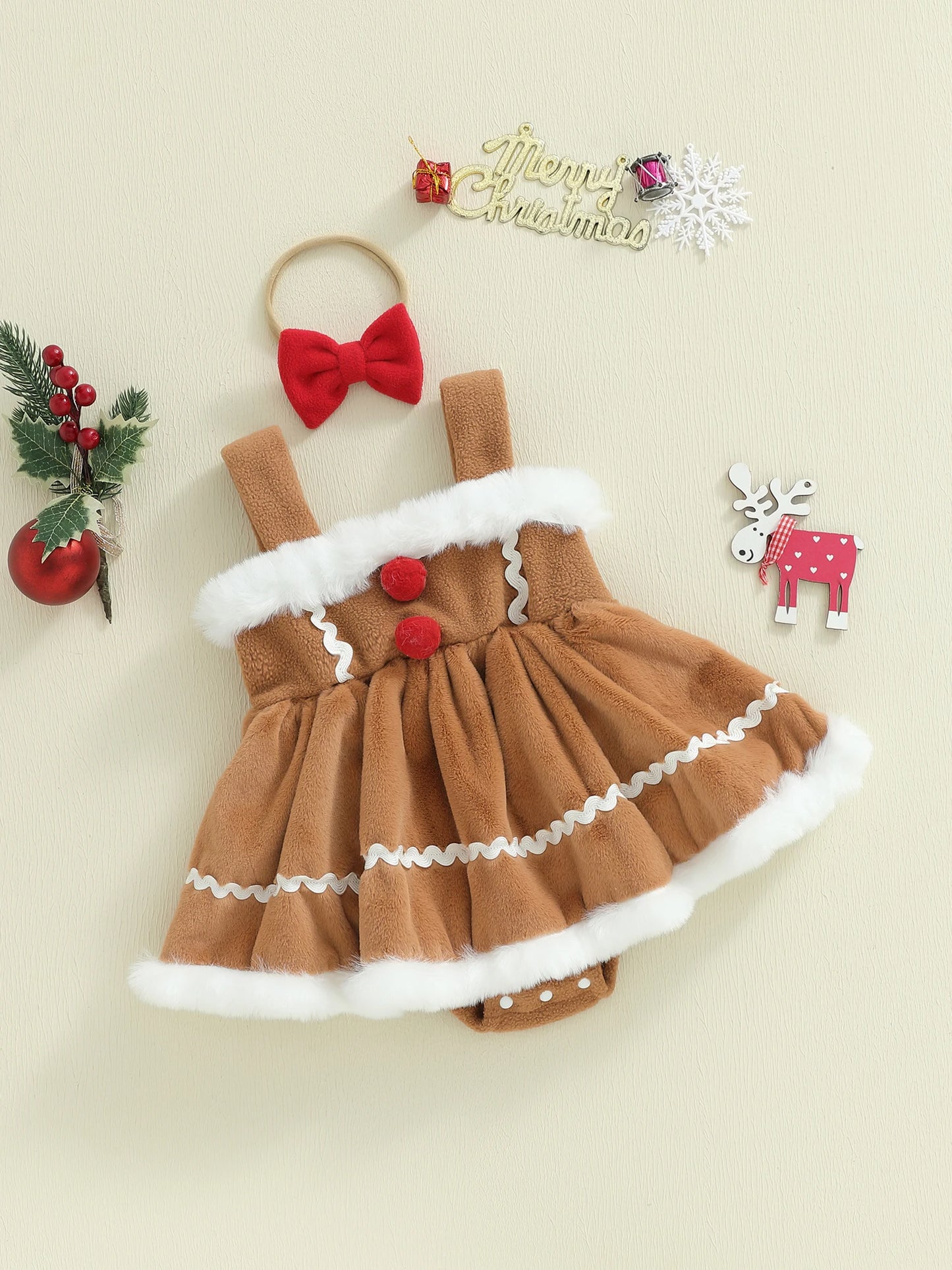 Baby Girls Princess Christmas Romper Dress with Bow Headband - Gingerbread Design