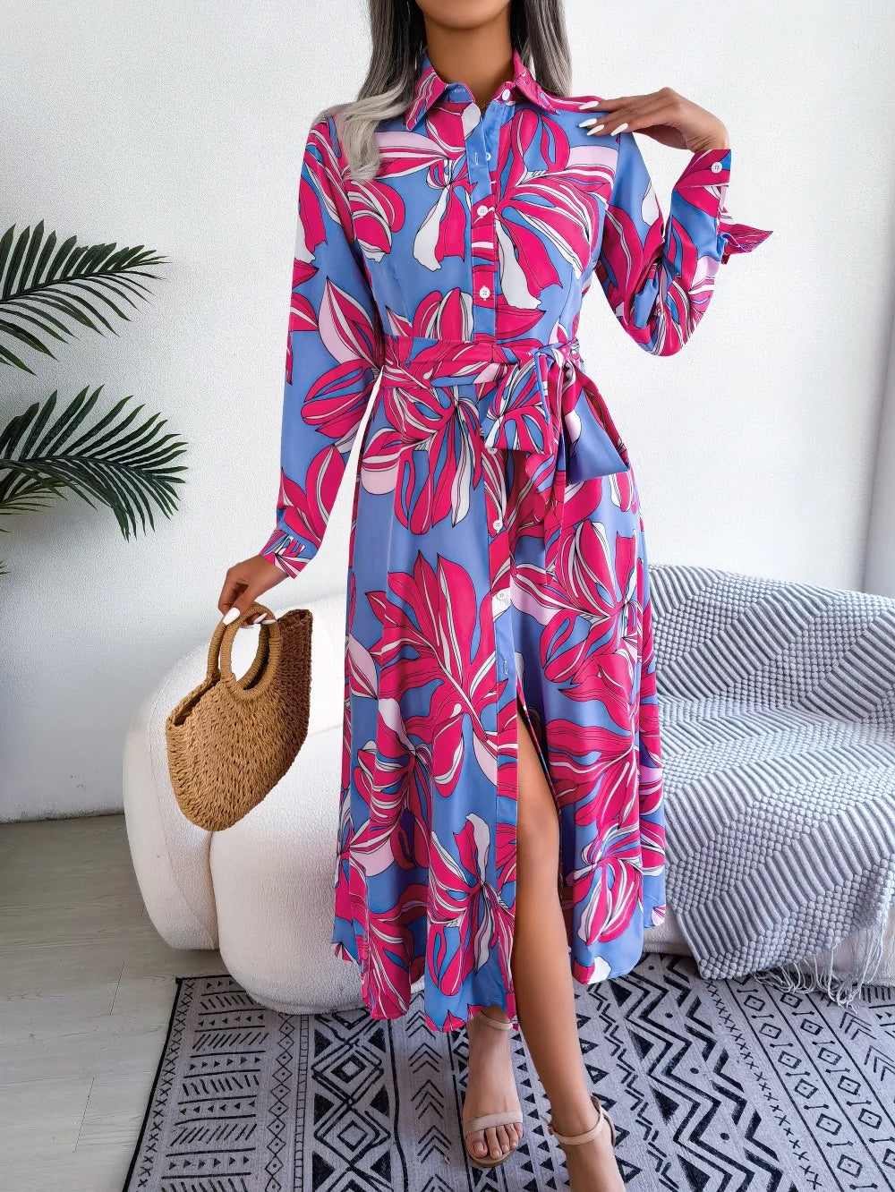 Women's Spring Summer Contrast Floral Polo Collar Lace Up Shirt Single Breasted Long Dress