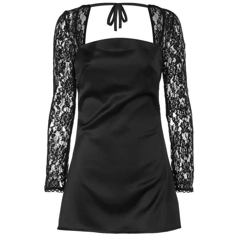 Women's Lace Long Sleeve Mini Square Collar Backless A-line High Waist Party Dress