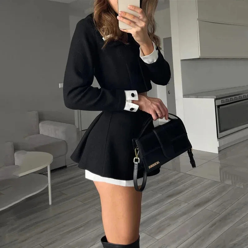 Women's  Long Sleeve Single Breasted Jacket Tweed Shorts Skirt Two Piece Set
