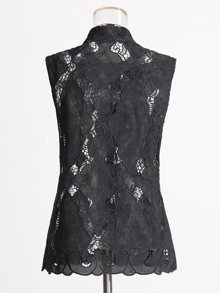 Women's Solid Hollow Out Two Piece Set - Stand Collar Sleeveless Top & Wide Leg Trousers