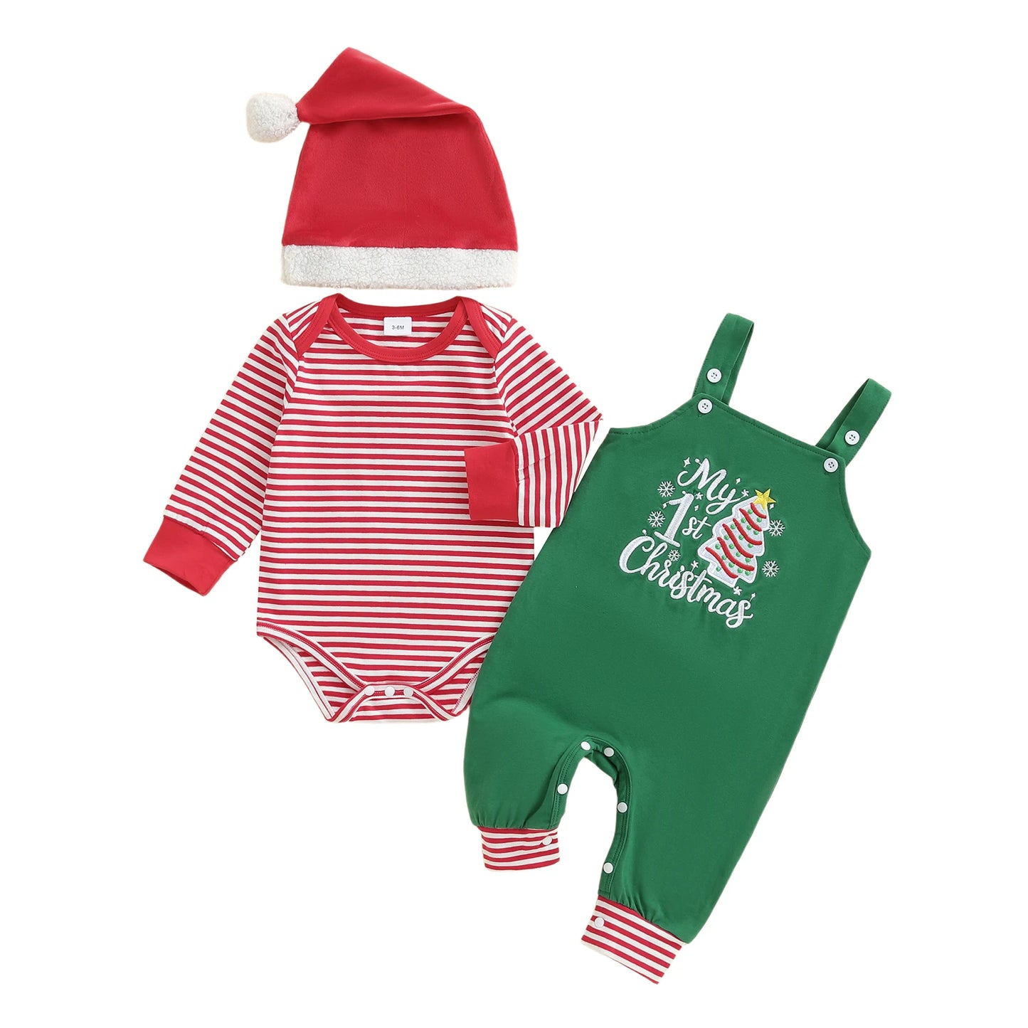 Newborn Baby Boys Fall Winter Christmas Clothes Set - Stripe Long Sleeve Romper, Embroidery Overall Pants & Hat