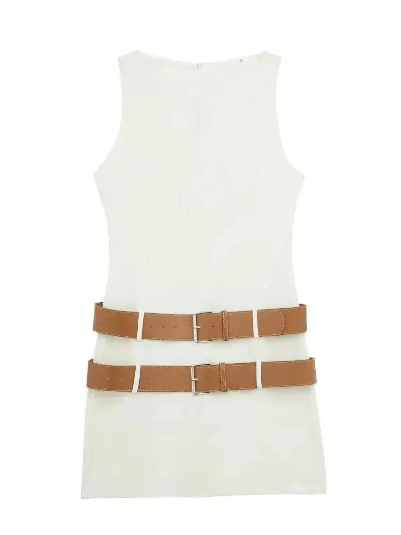 Women's Summer Round Neck Double belt Solid Hollow Out Elegant Button Mini Dress