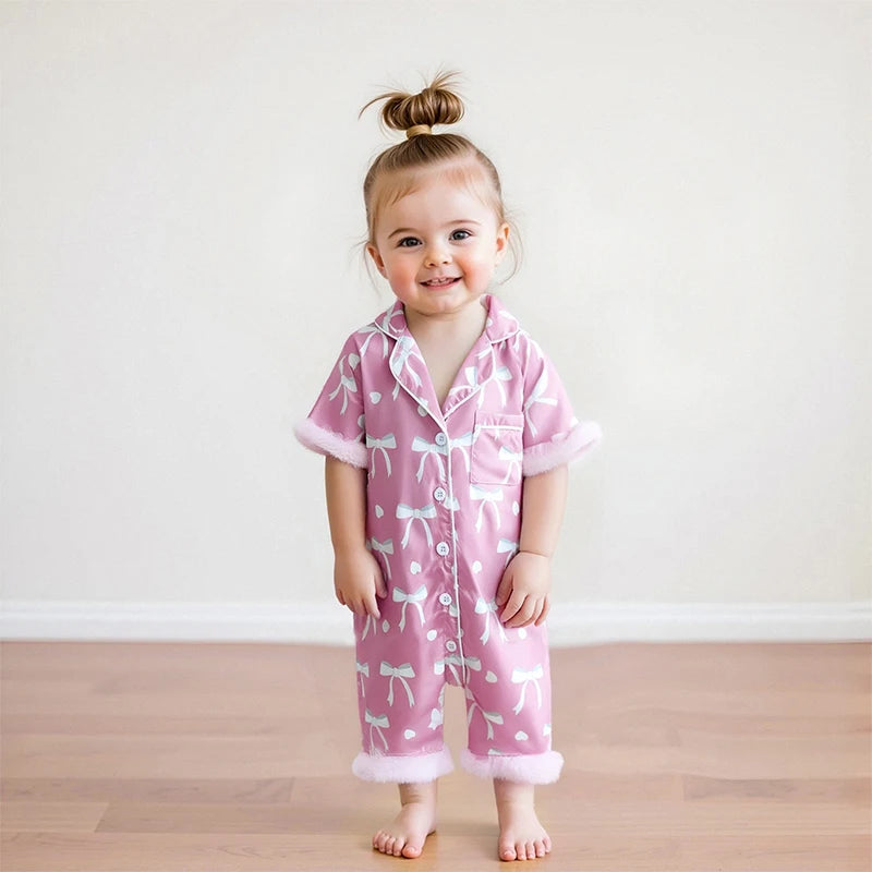 Baby Girls' Satin Romper Pajamas - Bow Print Feather Cuffs Short Sleeve Lapel Jumpsuit