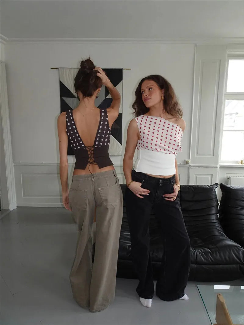 Women's Backless Polka Dot Crop Top Summer New Oblique Shoulder Sleeveless Tank Top