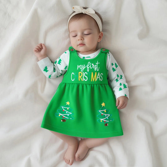 Baby Girls Christmas Clothes Set - Xmas Tree Print Long Sleeve Romper & Letter Embroidery Sleeveless Dress
