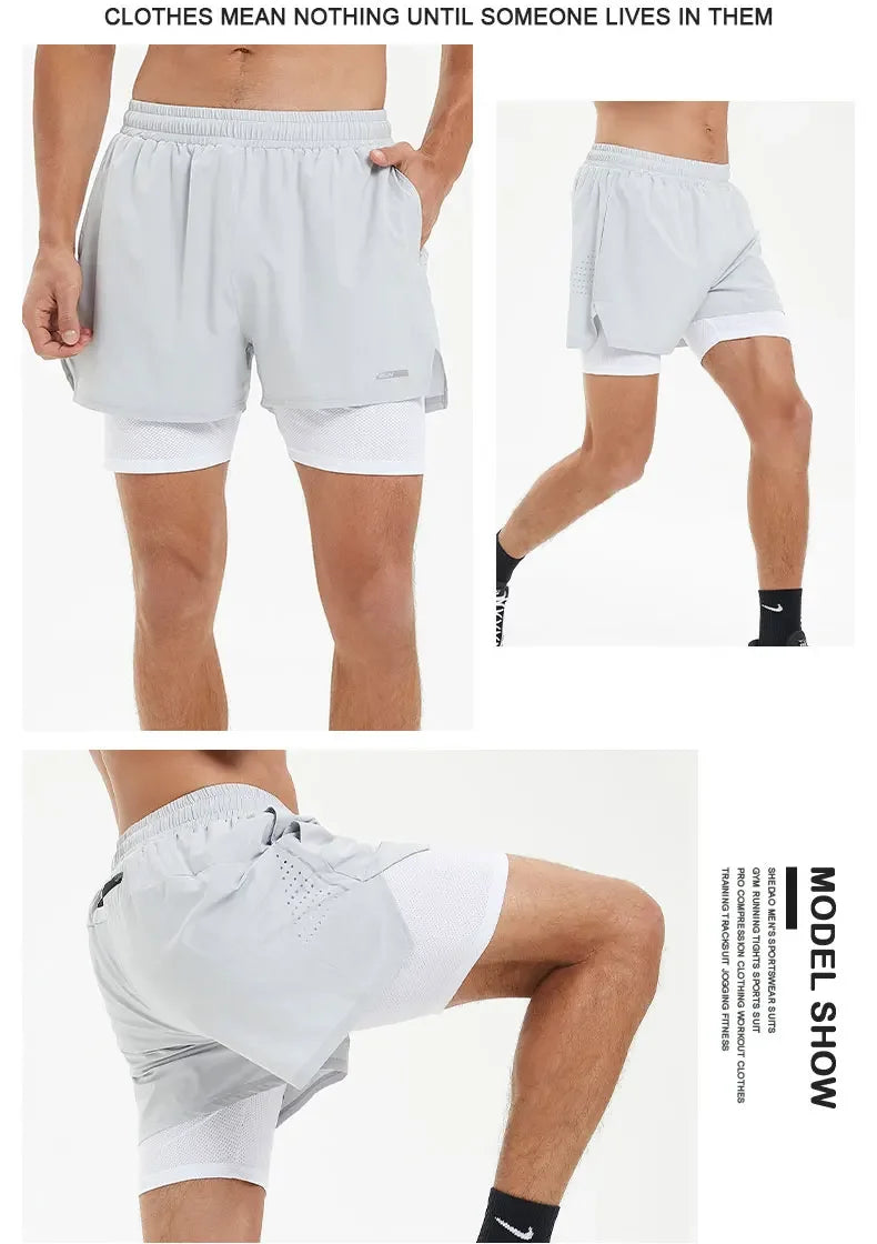 Men's Summer Swim Gym Sportswear 2 in 1 Compression Jogging Shorts Beach Casual Pants Double-deck Bottoms with Zipper Pockets