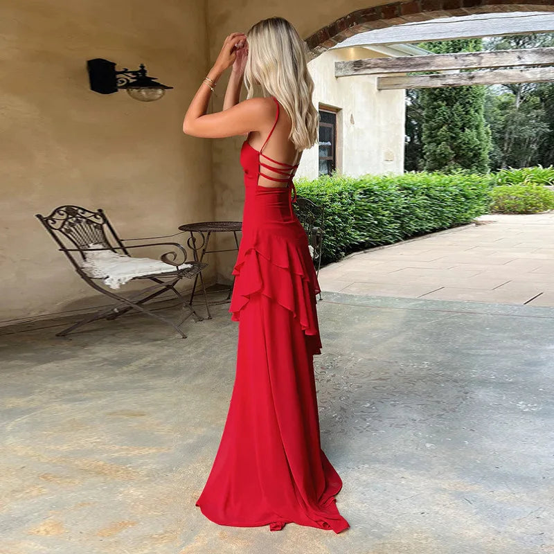 Women's Red Ruffled Slip Maxi Dress - Backless Summer Vacation Dress