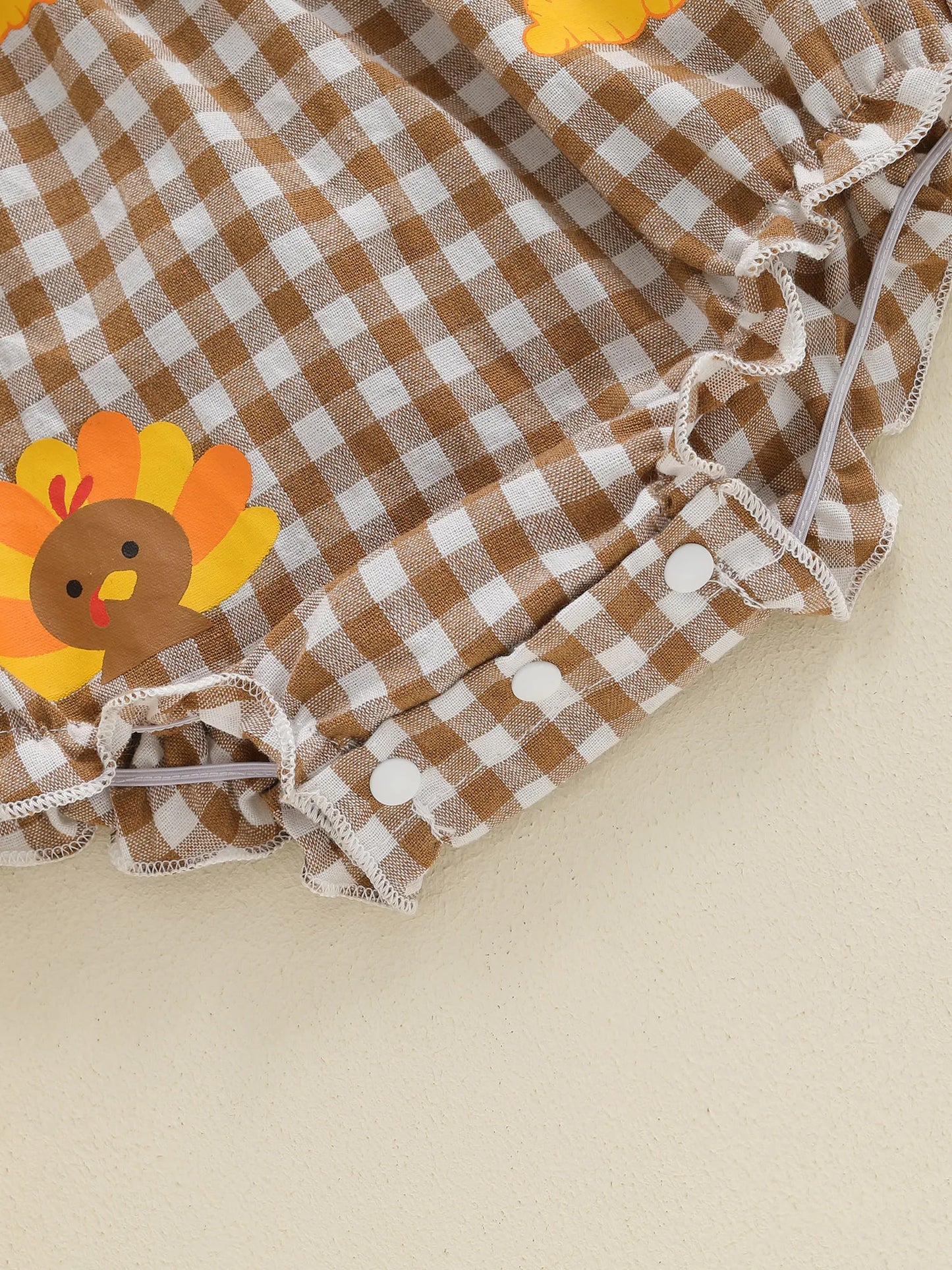 Baby Thanksgiving Romper - Long Sleeve Plaid Print Turkey Embroidery Bubble Jumpsuit