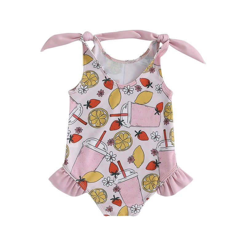 0-5Y Toddler Kids Girls Summer Swimsuits Cartoon Ice Cream Print Tie up Strap Ruffled Swimwear