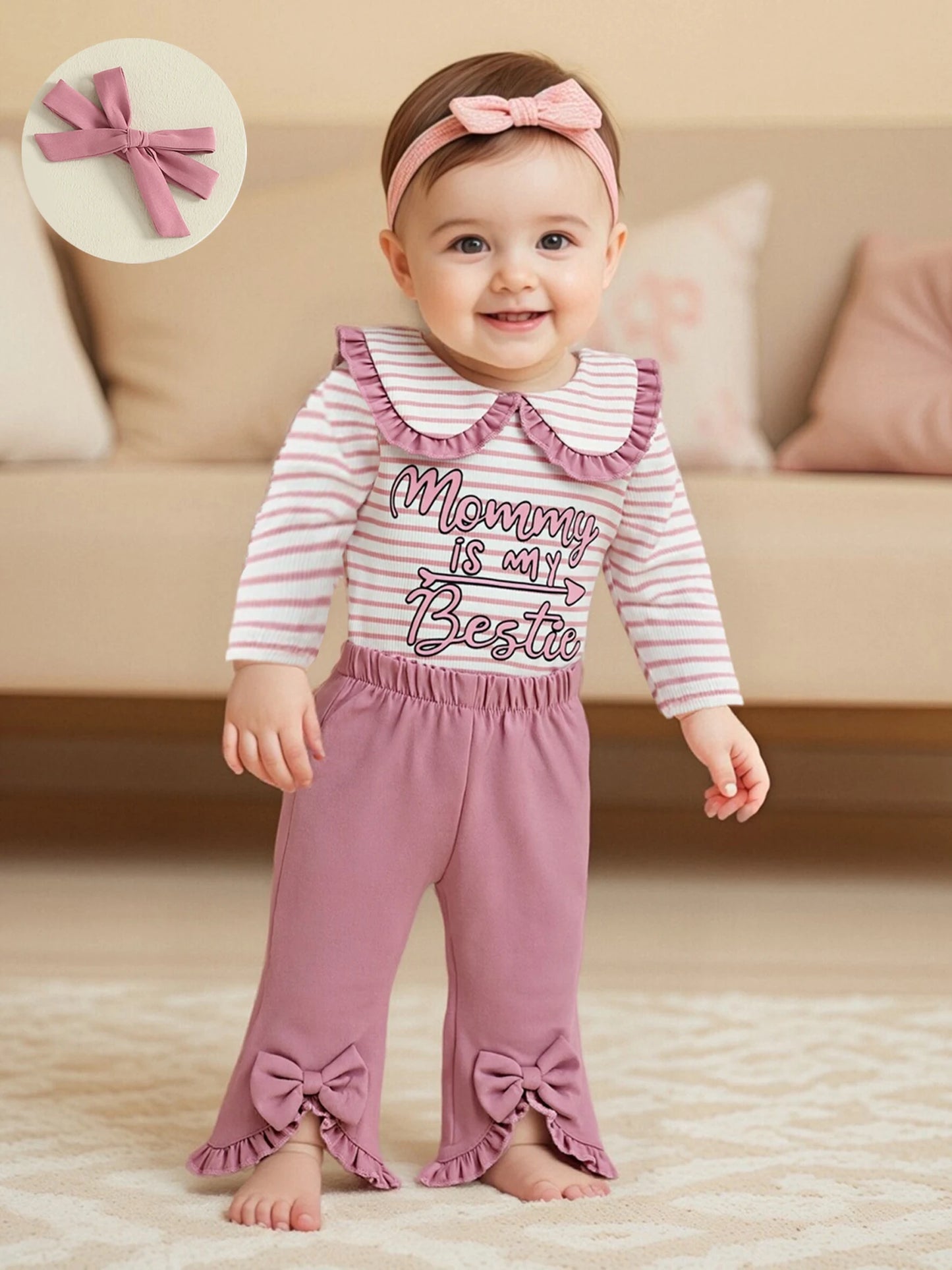 Baby Girls Striped Outfit Set - 3-Piece Long Sleeve Doll Collar Jumpsuit, Flared Pants & Headband (0-18M)