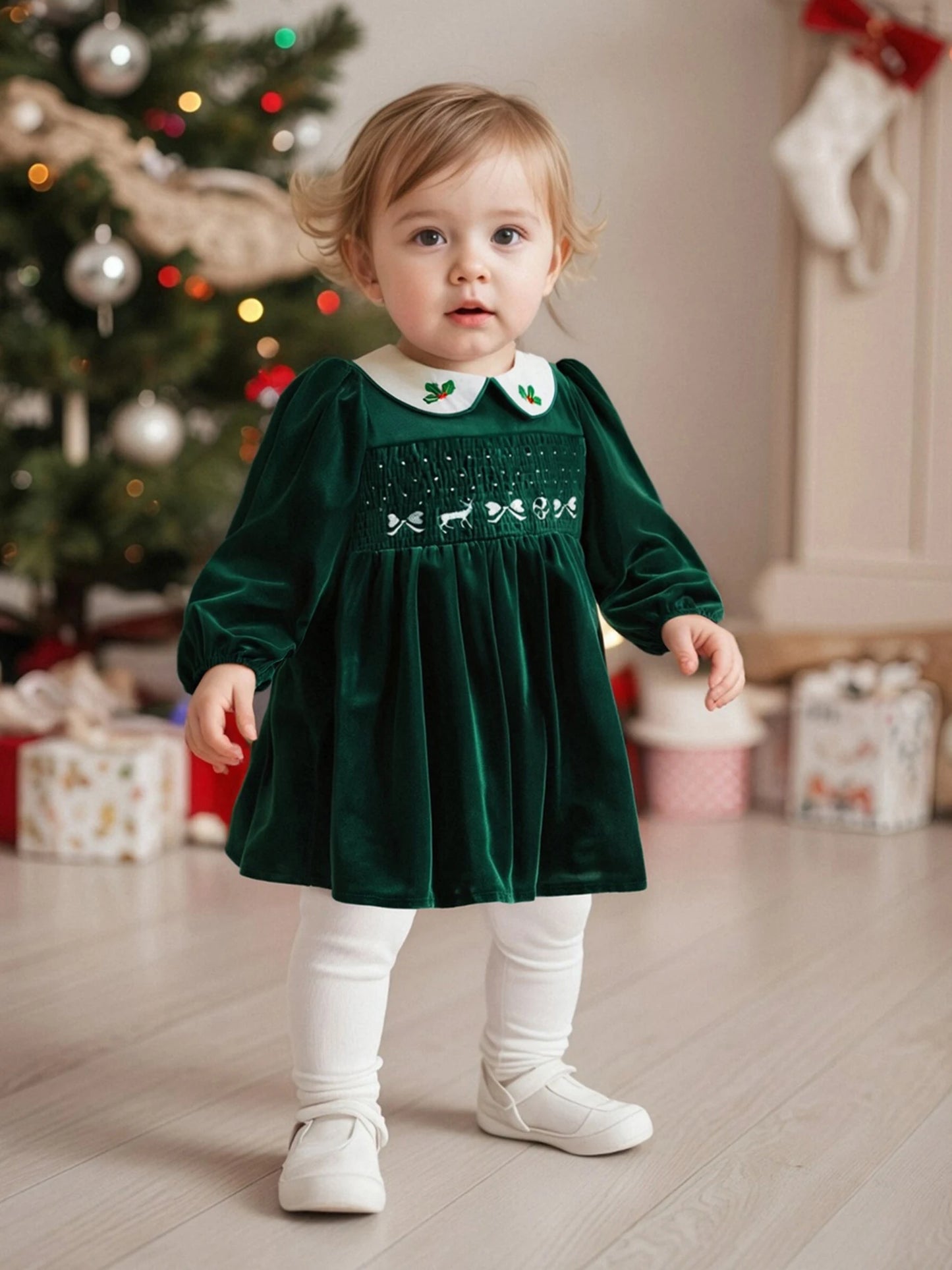 Little Girl's Velvet Christmas Dress - Deer Bow Holly Embroidered Smocked A-Line
