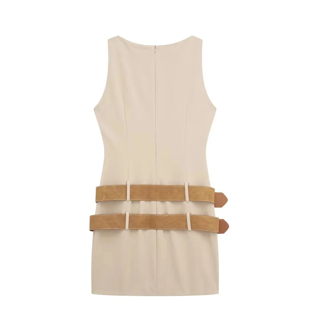Women's Summer Round Neck Double belt Solid Hollow Out Elegant Button Mini Dress