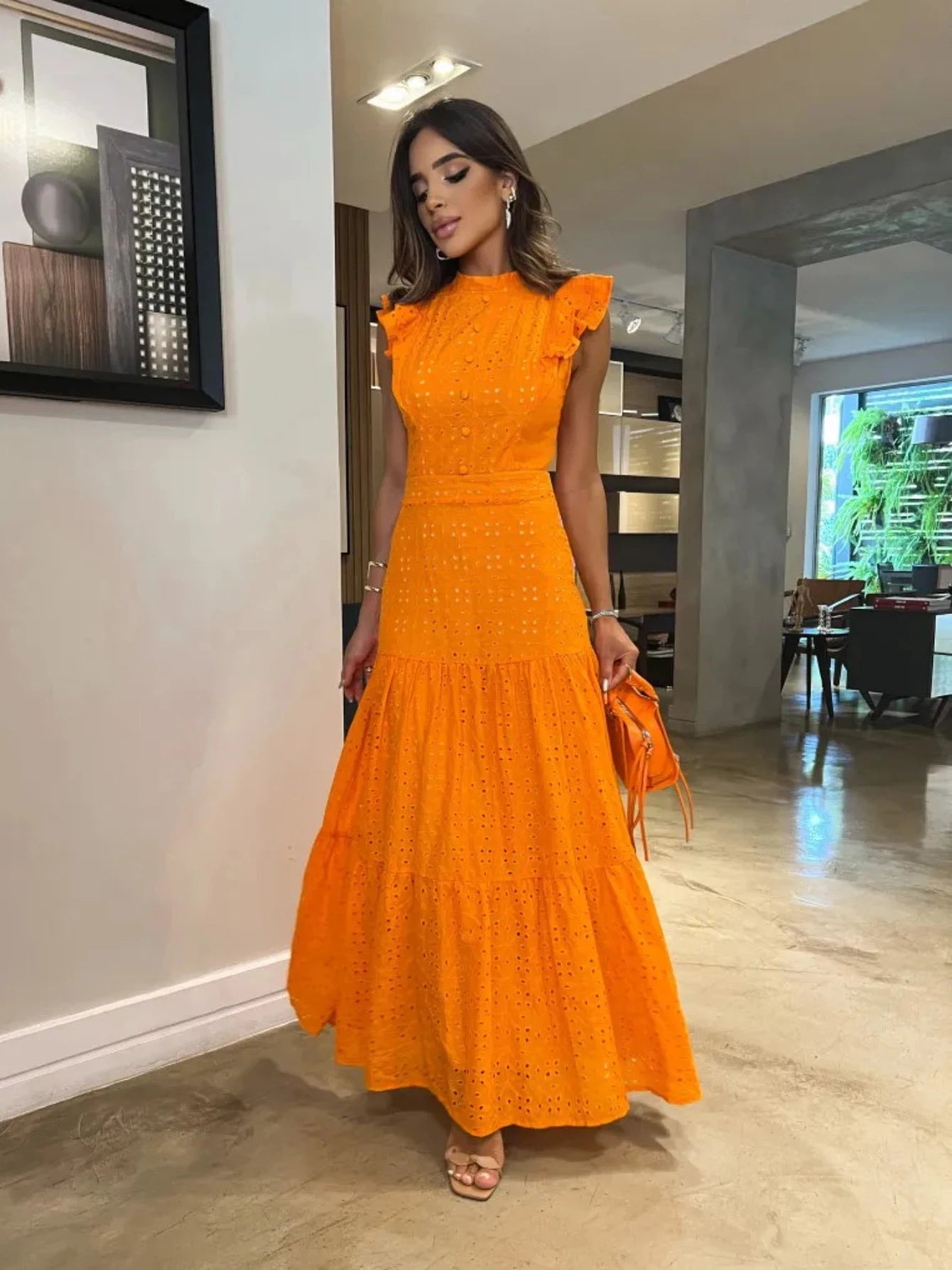 Women's Bohemian Hollow Out Elegant Round Neck Flying Sleeve Button Long Summer Dress