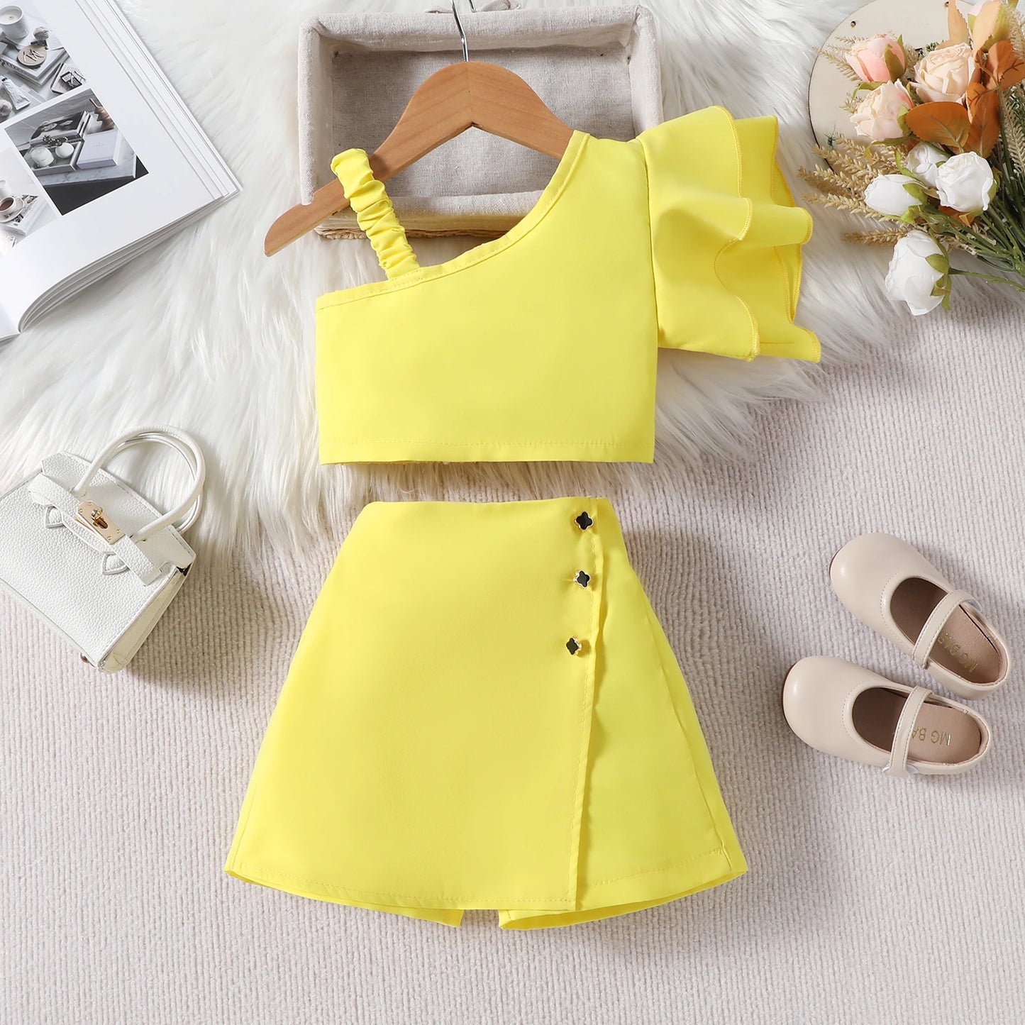 1-6Y Kids Girls Clothes Set Ruffles One Shoulder Sleeveless Vest with Solid Shorts Summer Outfit