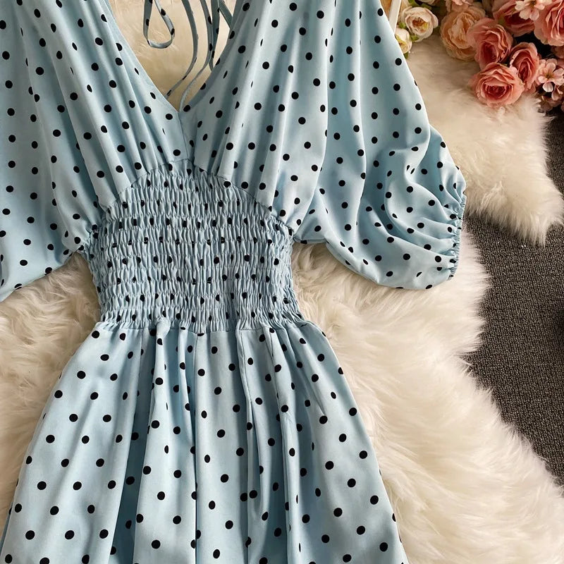 Women's V-Neck Polka Dot Jumpsuit - Wide Leg Trousers with Dolman Sleeves