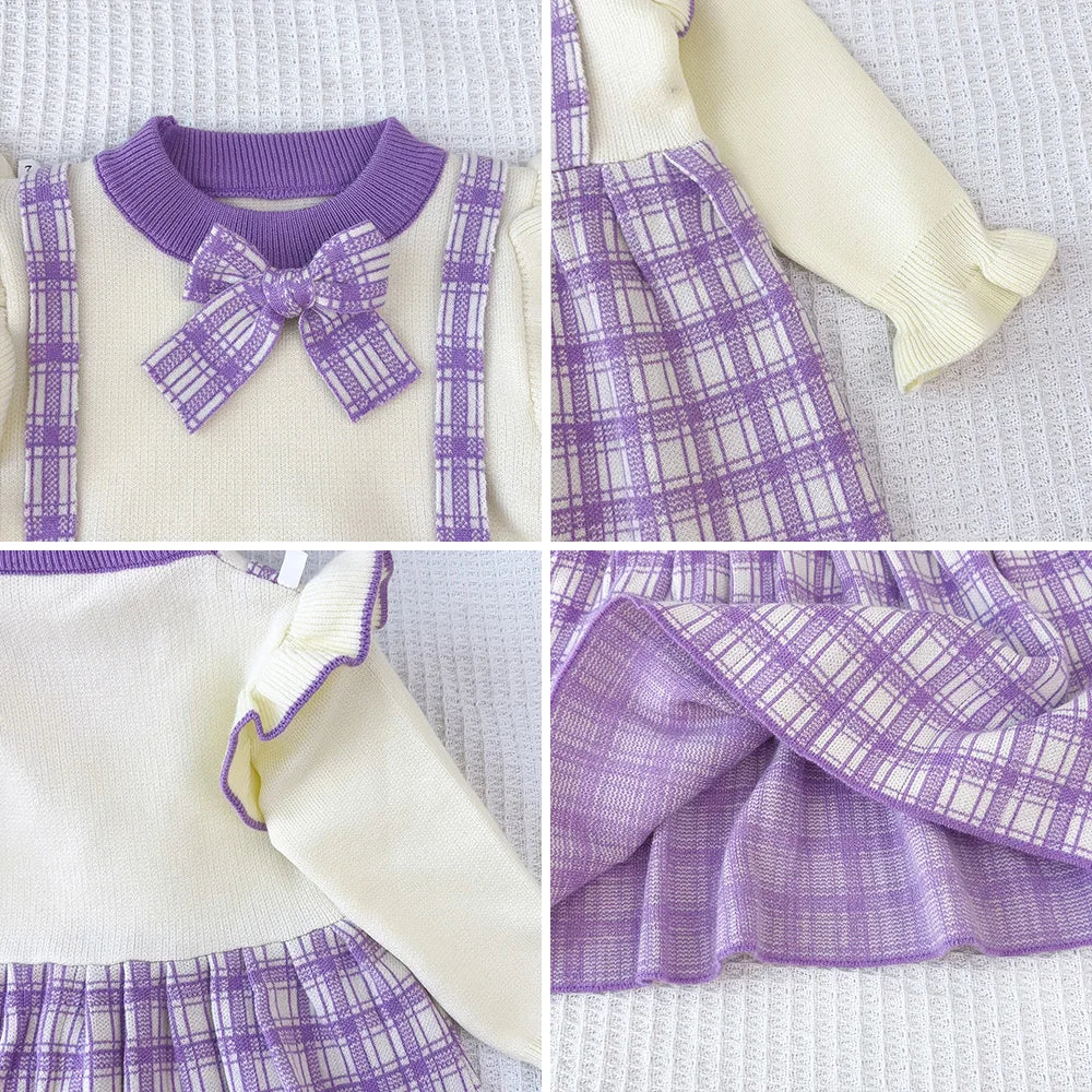 Girl's Long Sleeved Round Neck with Checkered Bow Patchwork Dress