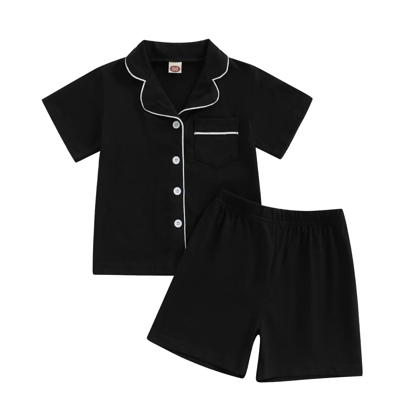 0-8Y Summer Toddler Kids Boys Girls Pyjamas Clothes Set Solid Contrast Trim Lapel Short Sleeve Button Down Tops Shorts