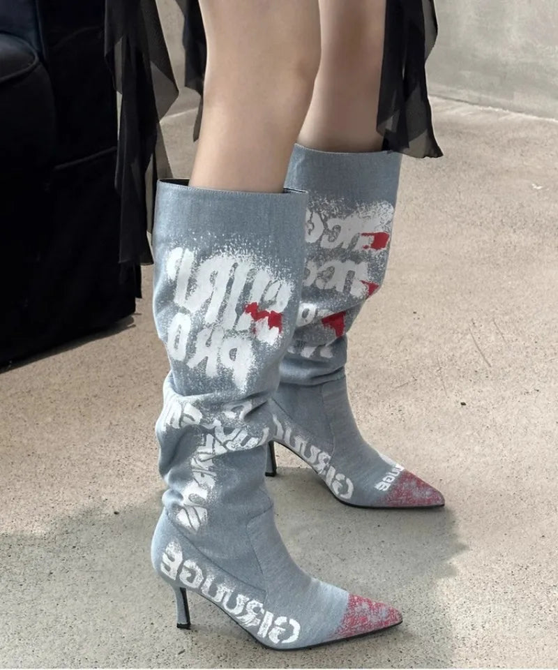 Women's 7cm Thin Heel Graffiti Folded Denim Boots