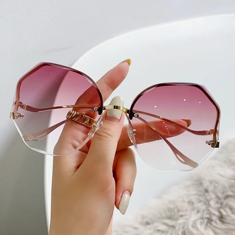 Large Frame Gradient Sunglasses - Frameless Metal Polygonal UV400 for Women