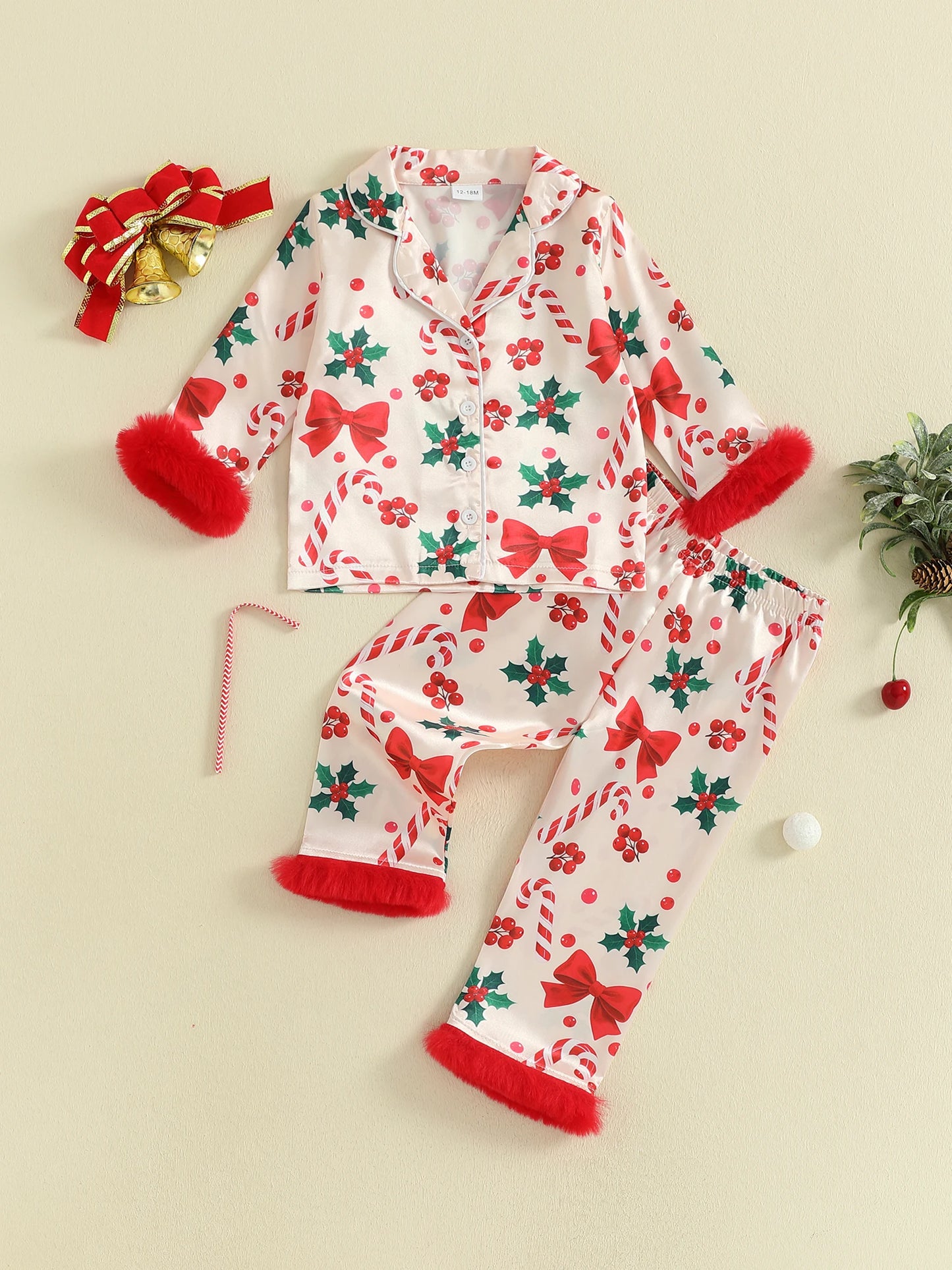 Kids Girls Christmas Satin Pyjamas Set - Candy Cane Bow Print Button Down Top & Pants (0-7Y)