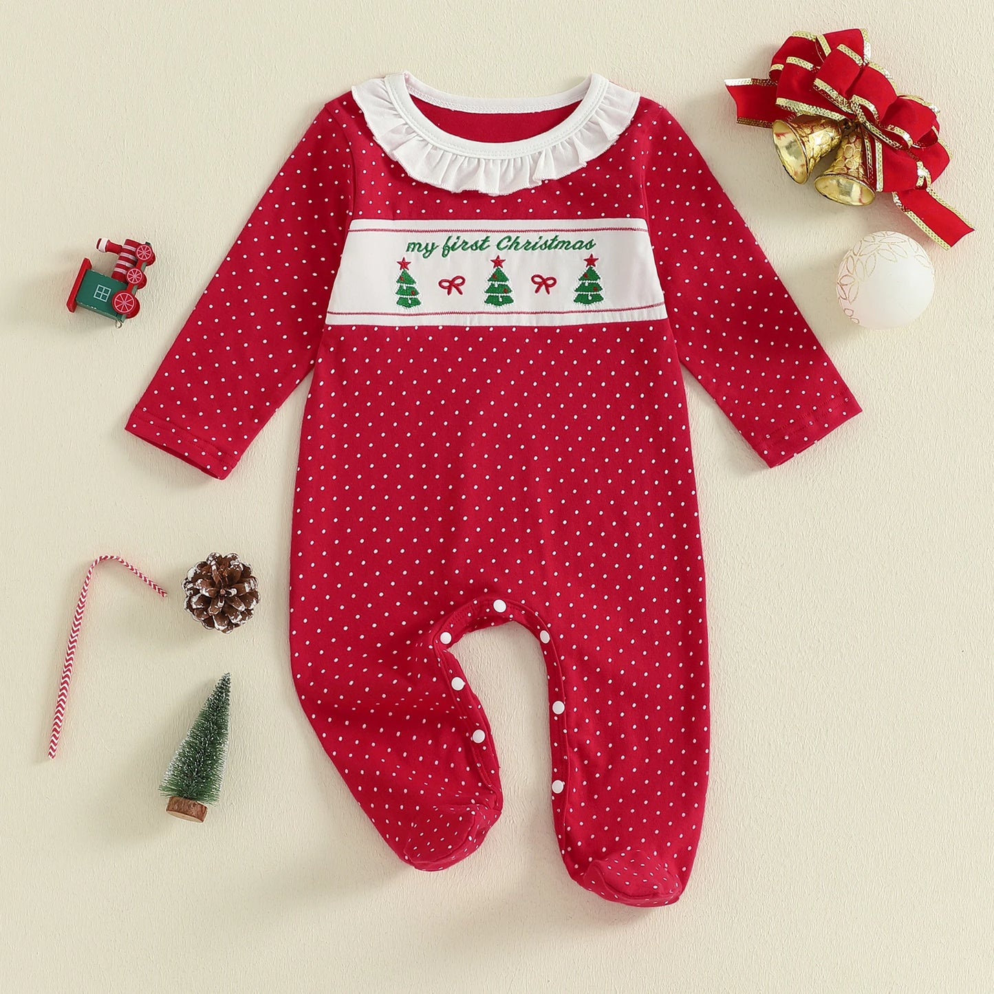Newborn Baby Girls Christmas Footed Romper - Tree Embroidery Dot Print (0-12M)