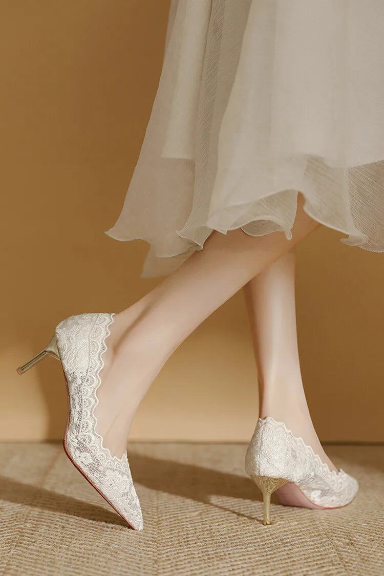 Embroidered Bridal Heels - Pointed Toe Wedding Pumps with 6.5cm Heel