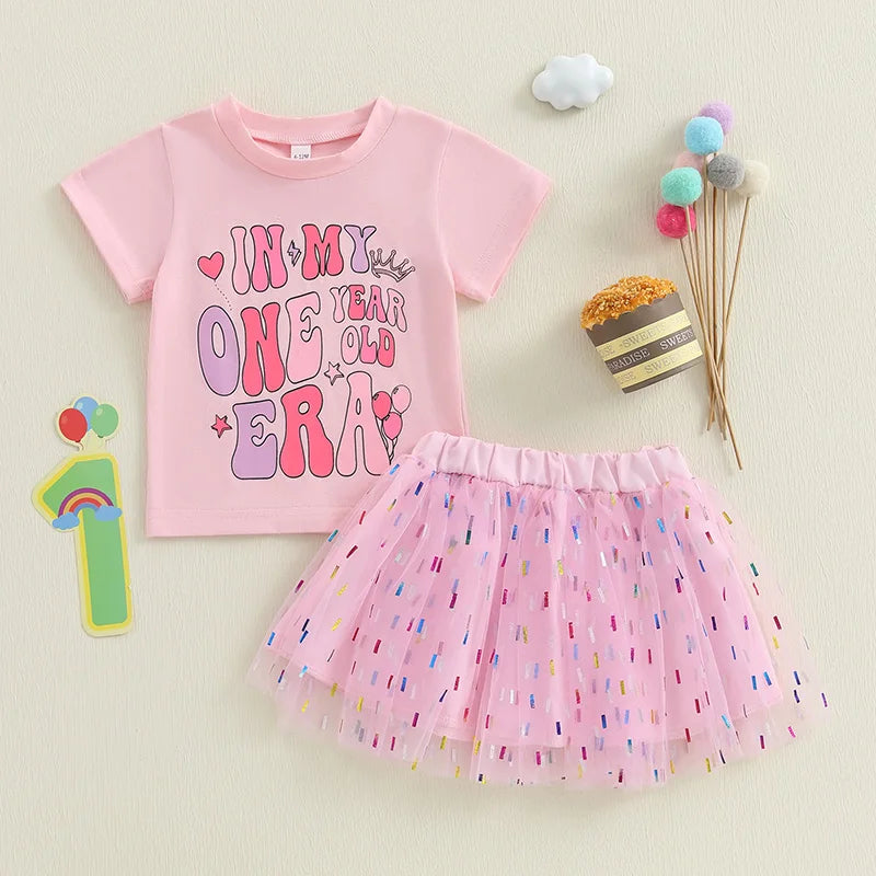 Baby Girls Birthday Clothes Sets 0-18M Short Sleeve Crown Letter Print Tops + Lace Tutu Skirt
