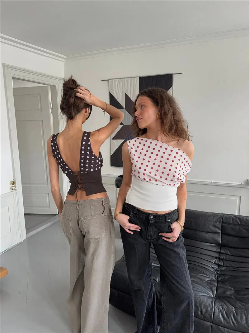 Women's Backless Polka Dot Crop Top Summer New Oblique Shoulder Sleeveless Tank Top