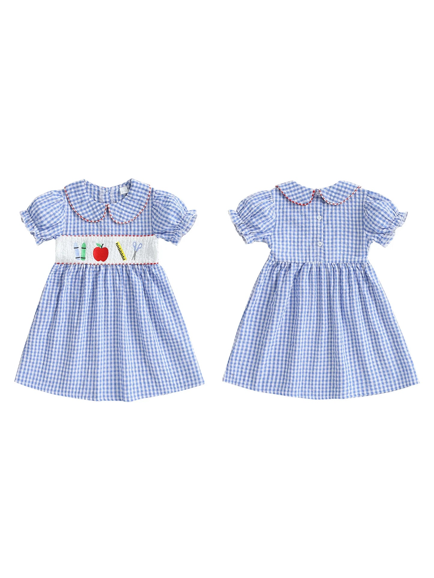 Girl's Back to School Dress - A-Line Embroidered Plaid Doll Collar Bubble Sleeve
