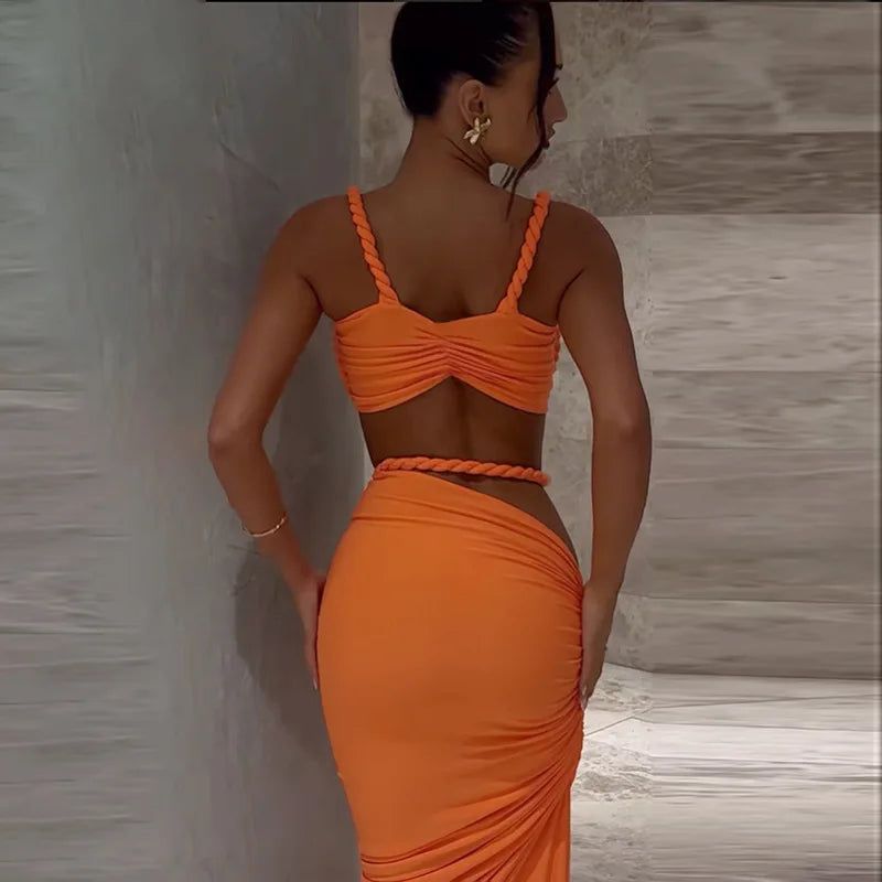 Women's Ruched Bandage 2 Piece Set Backless Decorative Cord Top and Skirt Dress Set