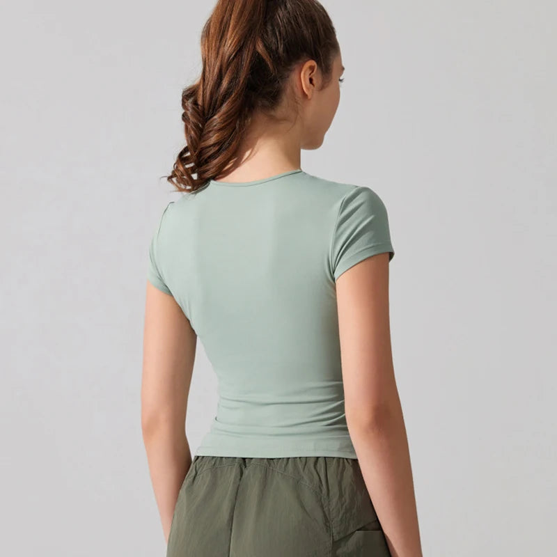 Women's Summer Short Sleeve Yoga T-Shirt Solid Color Slim Fit Gym Running Top Round Neckline Breathable Quick Dry Fitness Sportswear