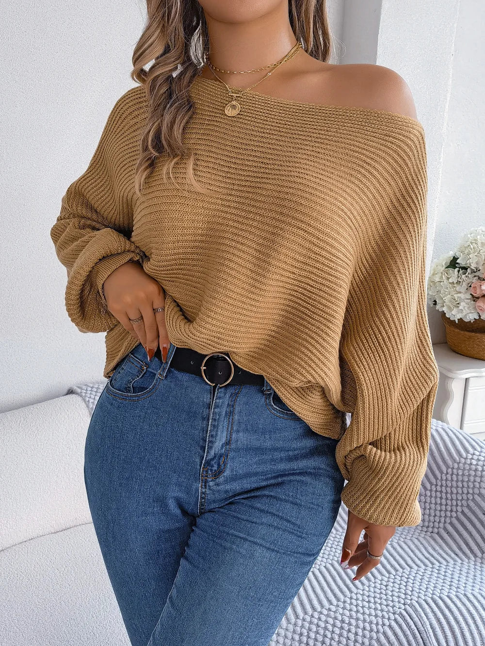 Women's Off the Shoulder Bat Sleeve Jumper - Stylish Winter Sweater