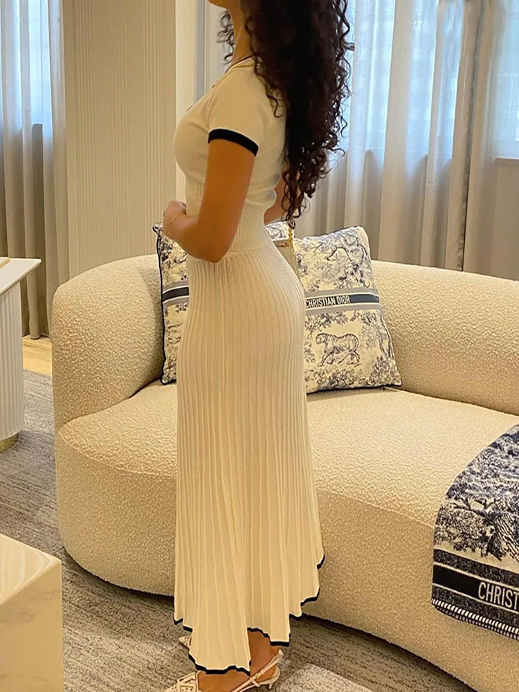 Women White long Skirt and Short Sleeve V-neck Crop Top Pleated Skirt set 2 PCS Set