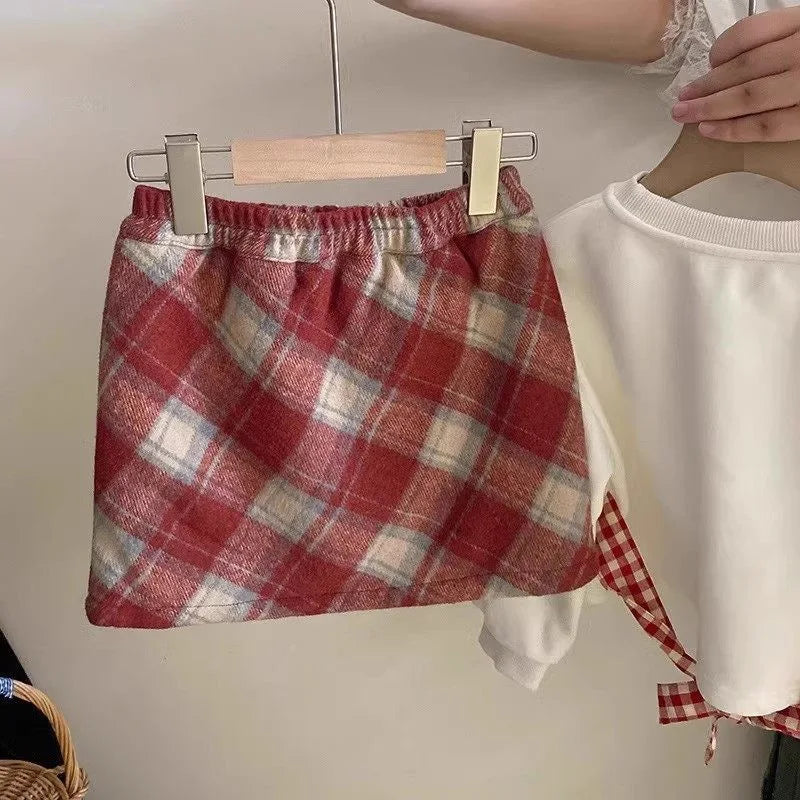 3-7 Years Girl's Clothes Autumn Bow Print Long Sleeved Top and Plaid Skirt Easter Two-piece Set
