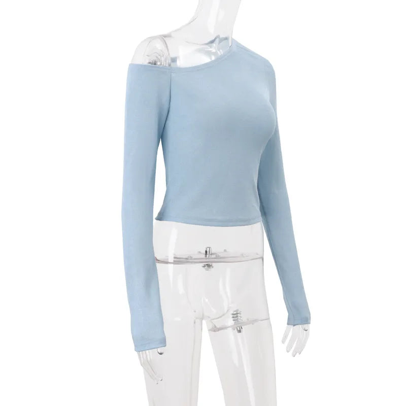 Women's Autumn Long Sleeve Asymmetrical Knit Top - Blue Cropped Slim Fit