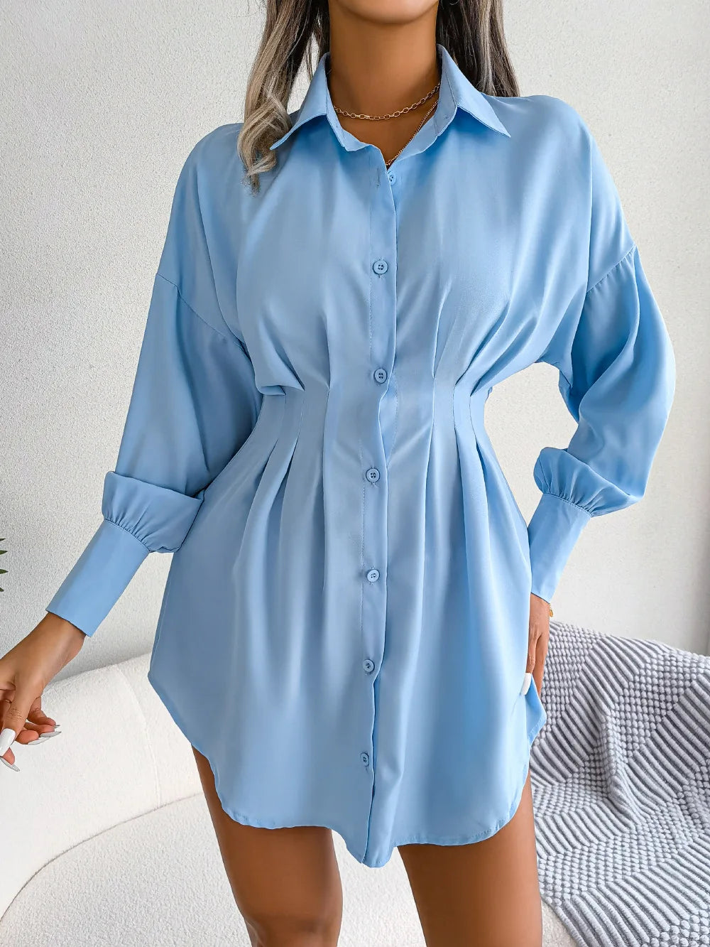 Women's Autumn Winter Casual Lantern Sleeve High Waist Asymmetric Dress Shirt Dress